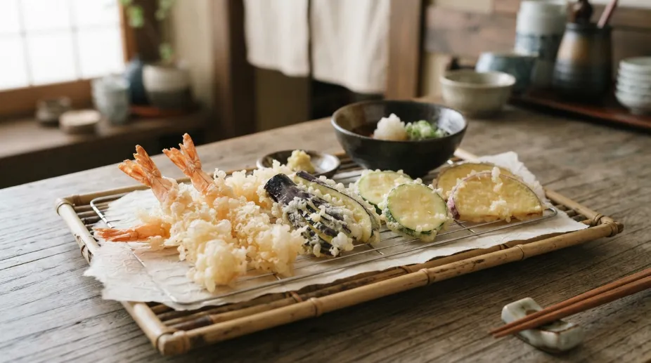 Tempura crujiente de gambas y verduras recién frita