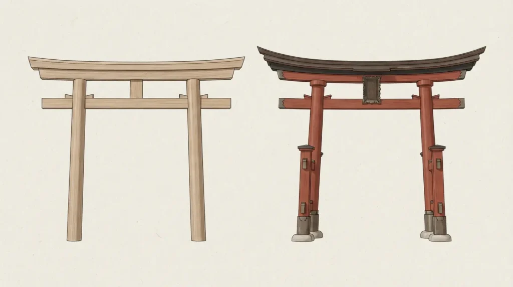 Comparación visual entre un torii shinmei y un torii myōjin