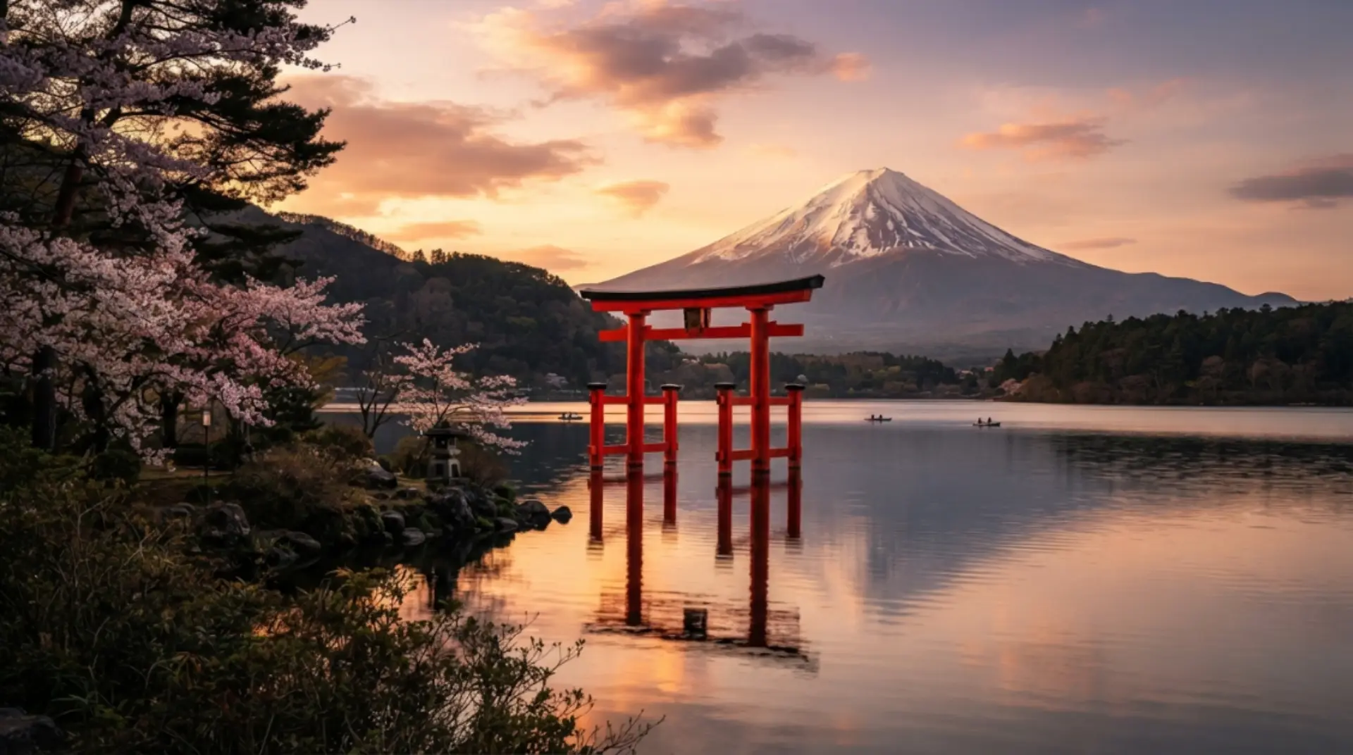 Torii rojo japonés frente al monte Fuji al atardecer