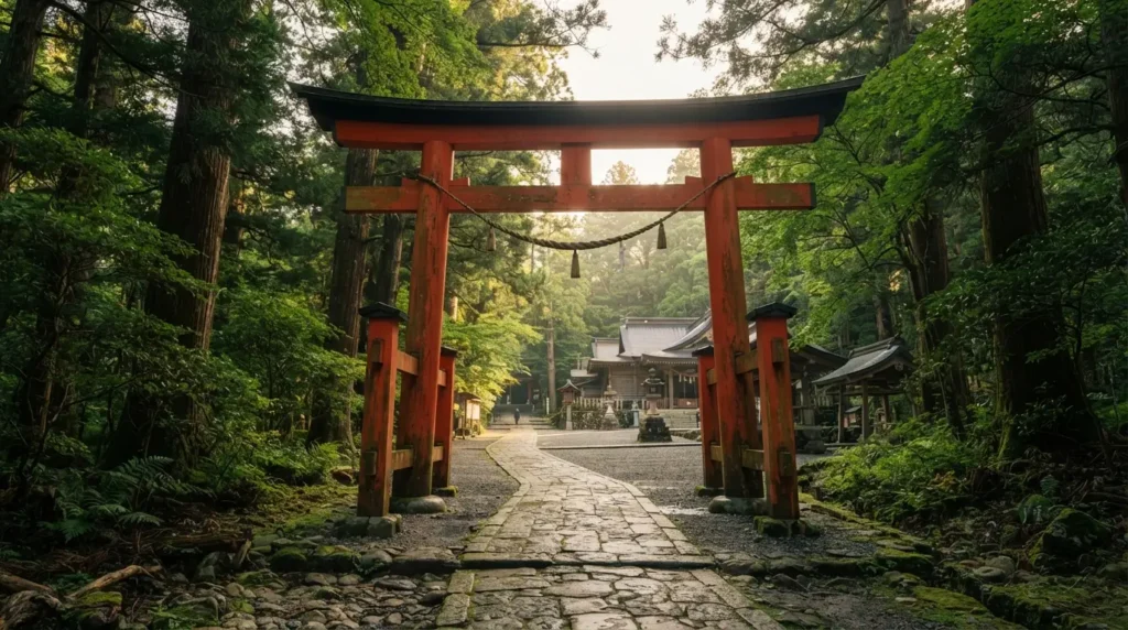 Torii bermellón a la entrada de un santuario sintoísta en Japón