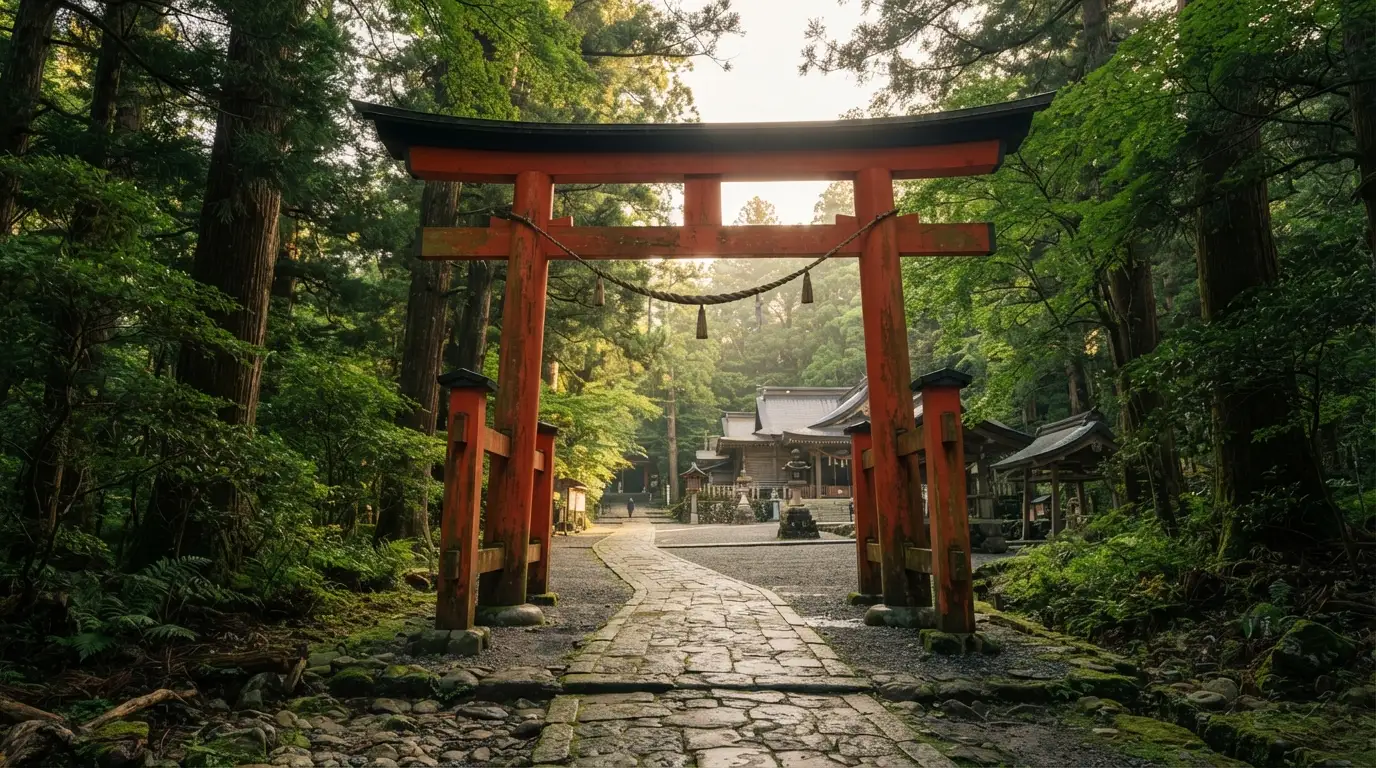 Torii bermellón a la entrada de un santuario sintoísta en Japón