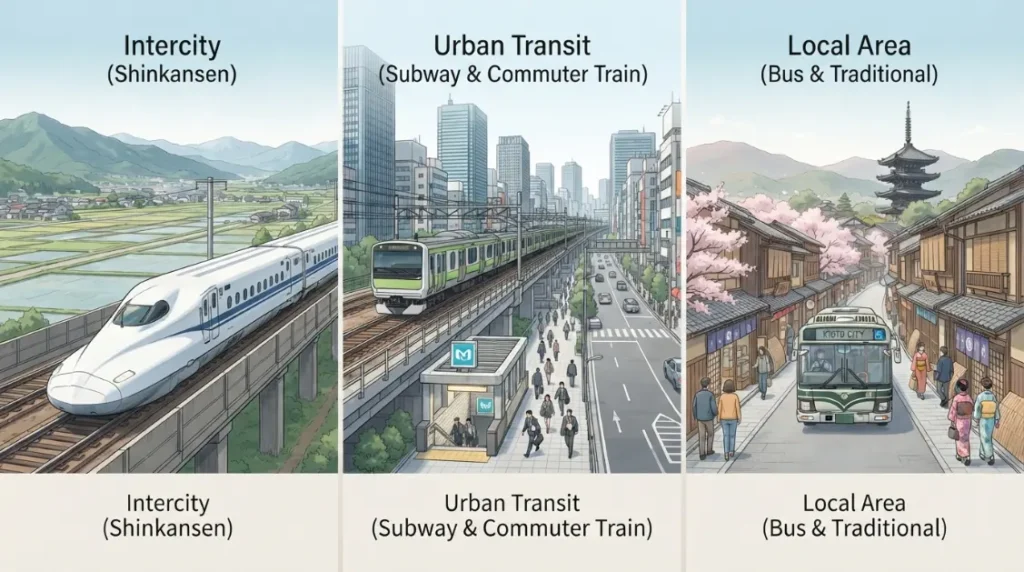 Shinkansen, tren urbano y autobús como opciones de transporte en Japón