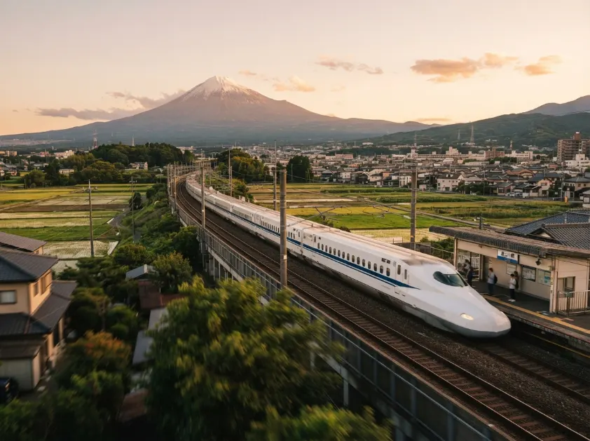 Tren Shinkansen junto al monte Fuji