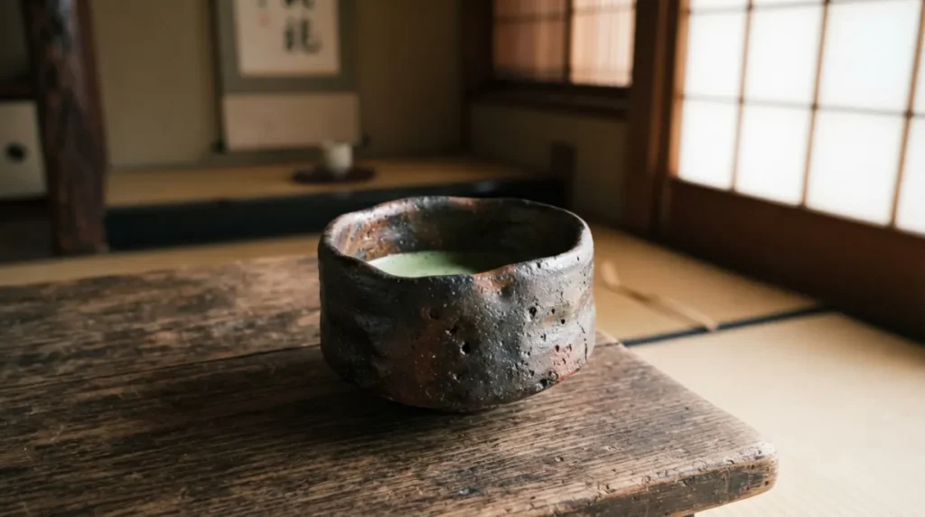 Cuenco de té artesanal que representa la estética wabi-sabi japonesa