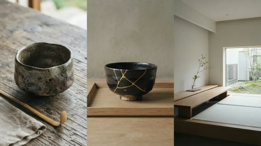 Diferencias visuales entre wabi-sabi, kintsugi y minimalismo