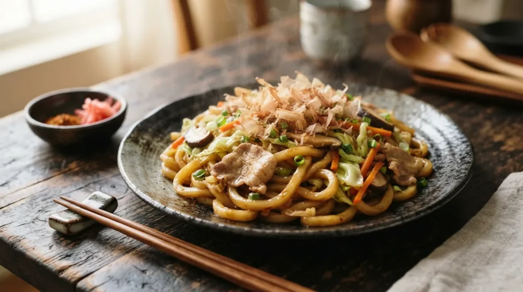 Yaki udon japonés con fideos gruesos, cerdo y verduras salteadas