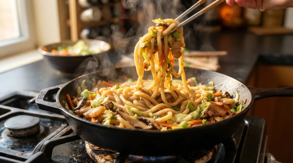Fideos yaki udon salteándose con cerdo y verduras en una sartén