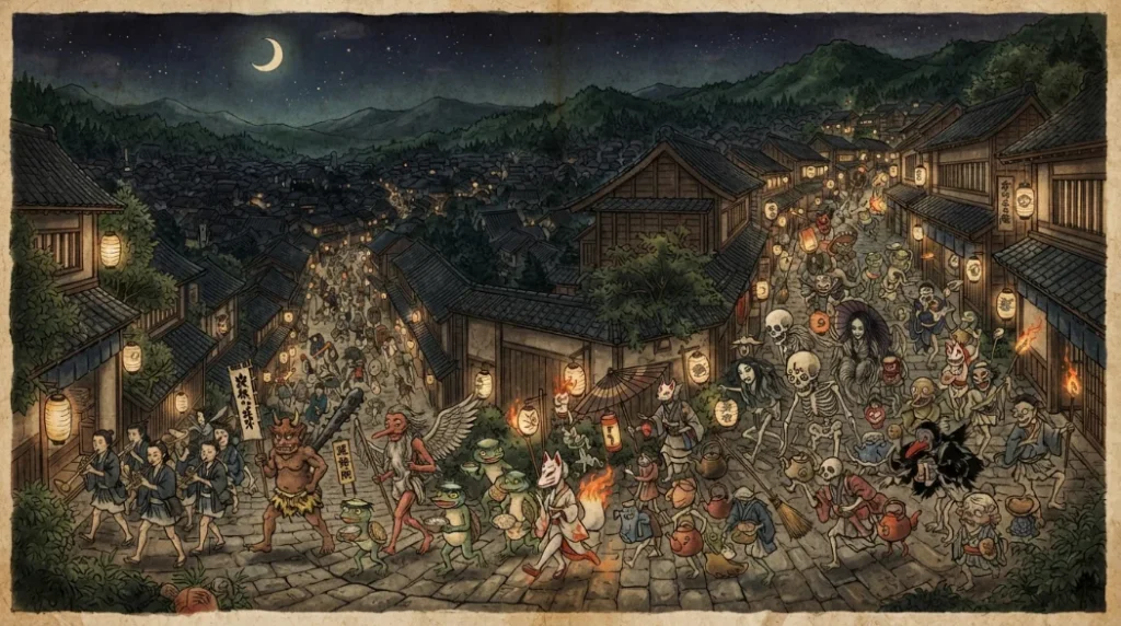 Desfile de yokai inspirado en el folclore japonés tradicional