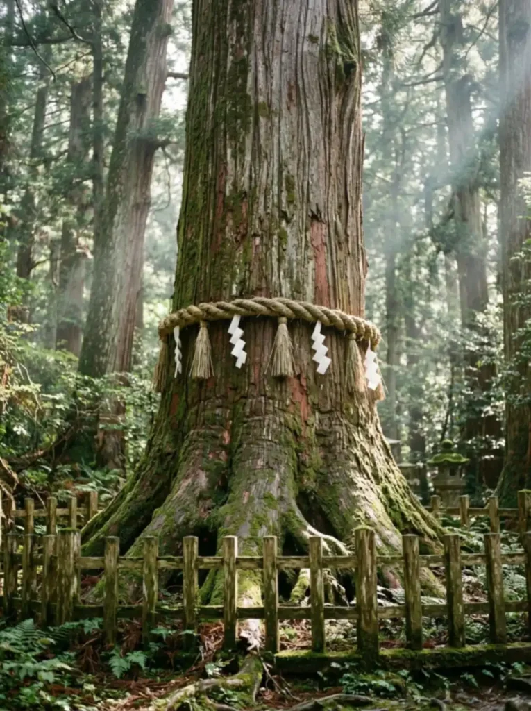 Árbol sagrado rodeado por una cuerda shimenawa en un bosque de santuario sintoísta