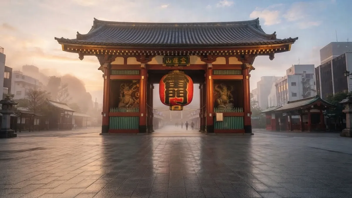 Puerta Kaminarimon de Senso-ji en Asakusa con su gran farolillo rojo al amanecer