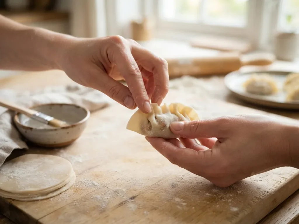 Manos plegando una gyoza casera con pliegues en un solo lado