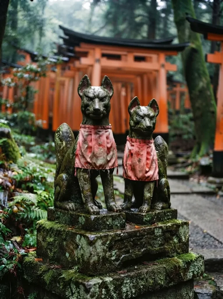 Estatuas de zorro de piedra con musgo y babero rojo en un santuario de Inari