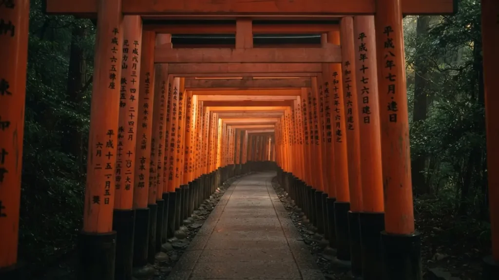 Túnel de torii bermellón del Senbon Torii de Fushimi Inari al amanecer, sin gente
