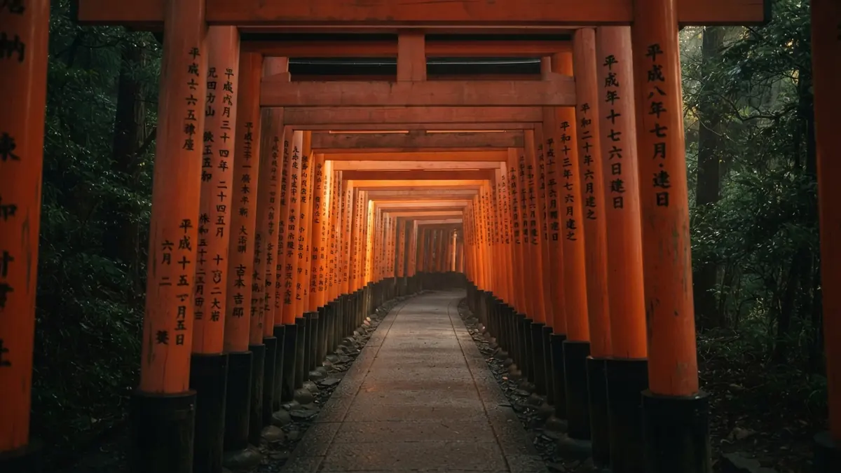 Túnel de torii bermellón del Senbon Torii de Fushimi Inari al amanecer, sin gente