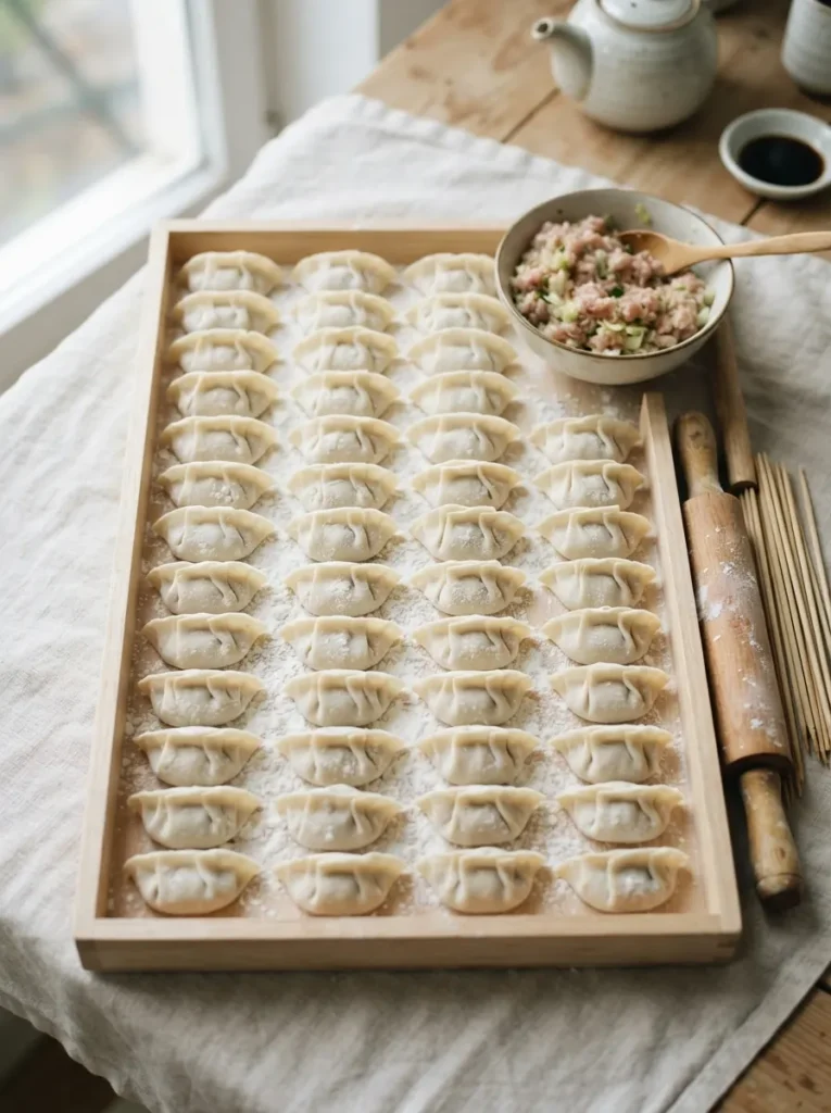 Bandeja con gyozas caseras crudas listas para cocinar o congelar