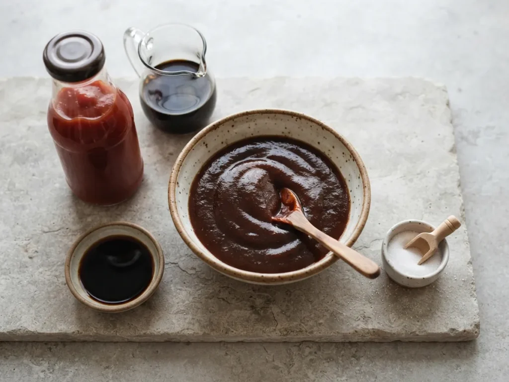 Cuenco de salsa tonkatsu con ketchup, salsa Worcestershire, soja y azúcar
