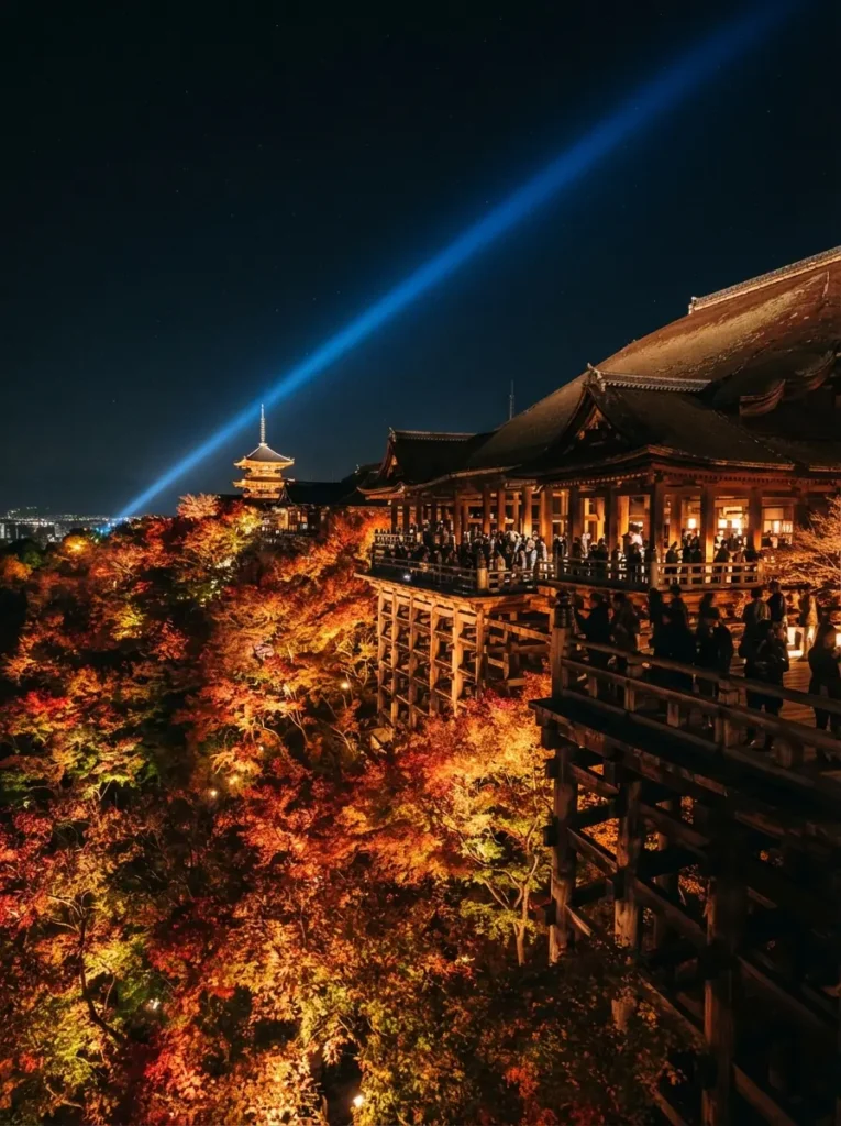 Kiyomizu-dera iluminado de noche durante la iluminación especial de otoño