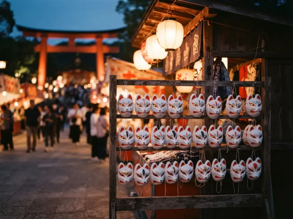 Máscaras de kitsune blancas y rojas colgadas en un puesto de un santuario japonés