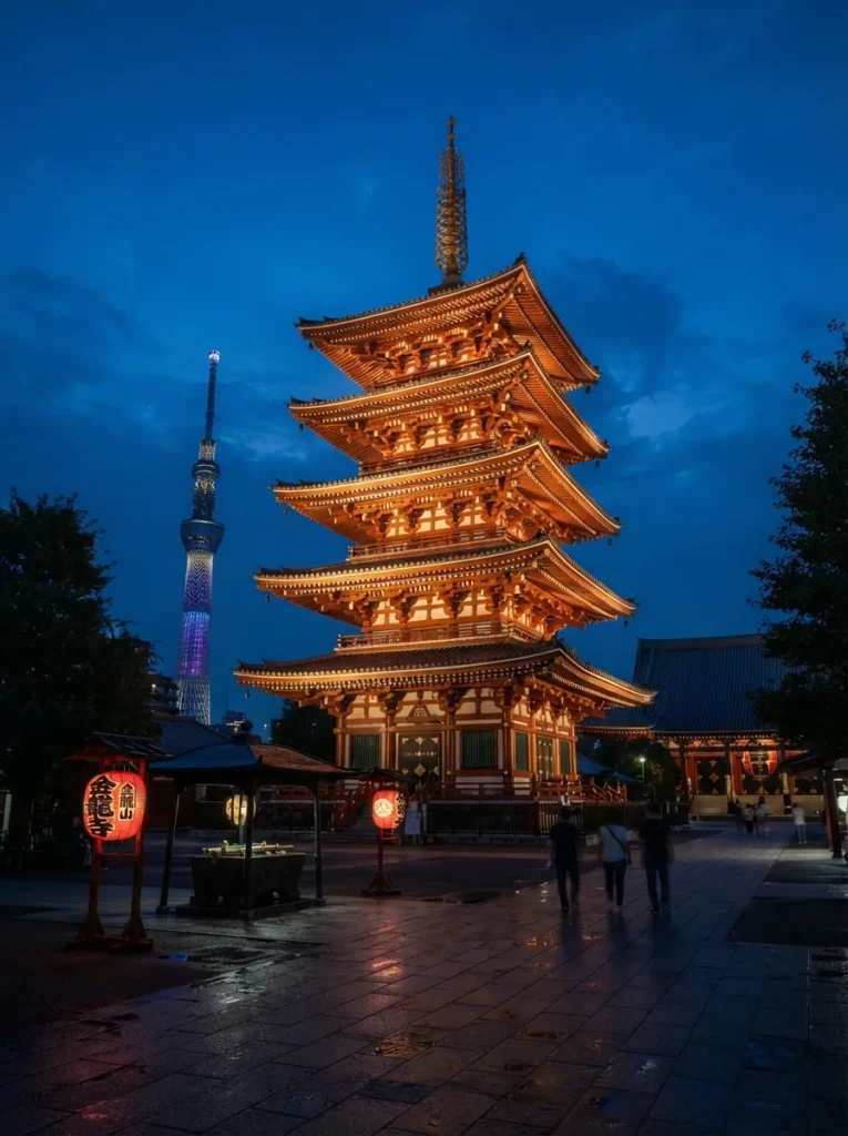 Pagoda de cinco pisos de Senso-ji iluminada al anochecer con la Tokyo Skytree al fondo
