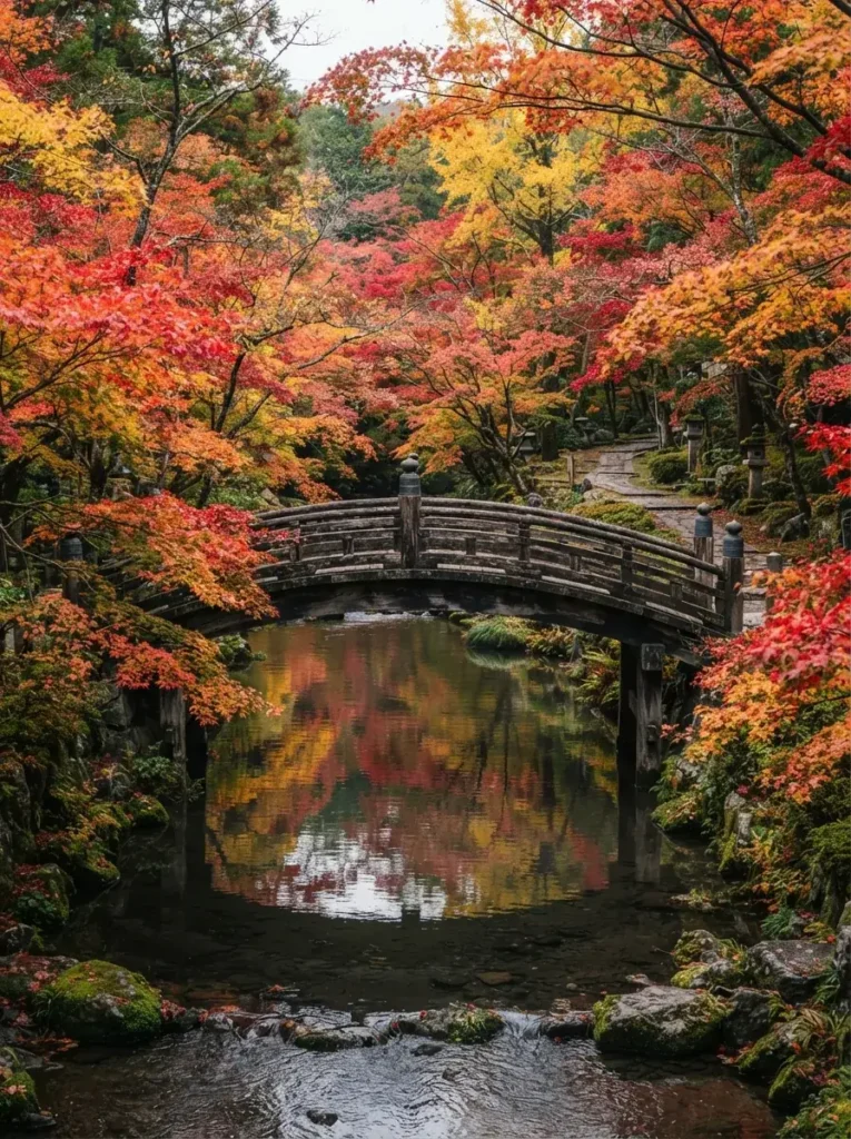 Puente de madera japonés entre follaje otoñal