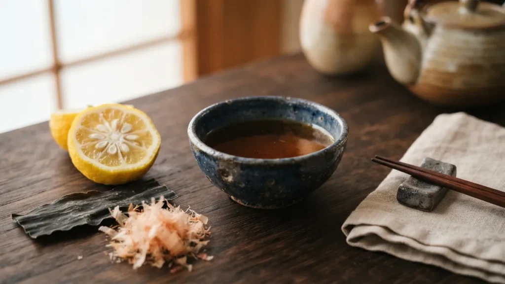 Cuenco de salsa ponzu casera con yuzu, alga kombu y katsuobushi