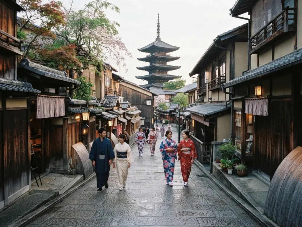 Calle Sannenzaka en Kioto con personas paseando en kimono