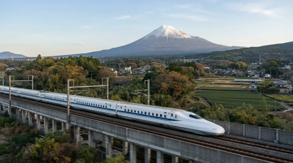 Shinkansen o tren bala de Japón con el monte Fuji al fondo