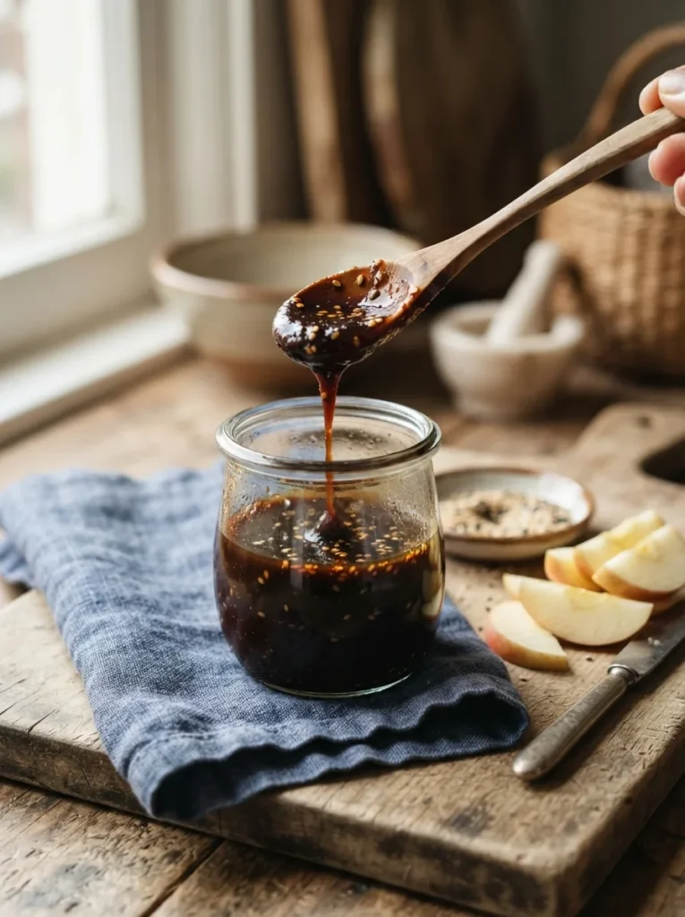 Tarro de salsa tonkatsu casera con cuchara de madera