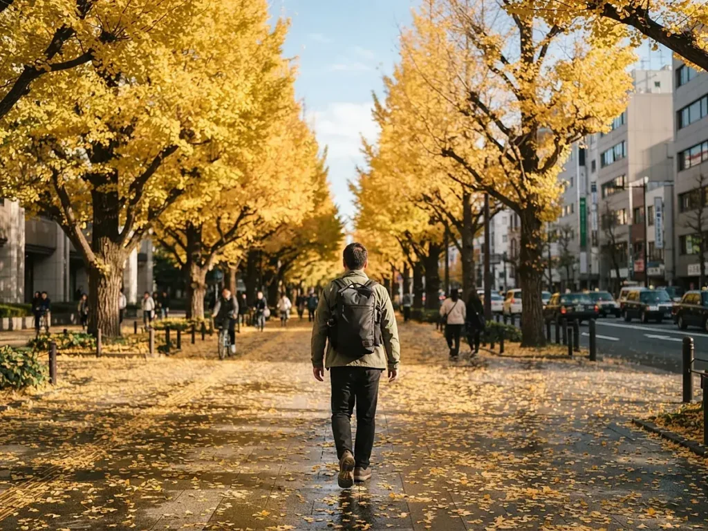 Viajero paseando entre ginkgos amarillos en Tokio en otoño