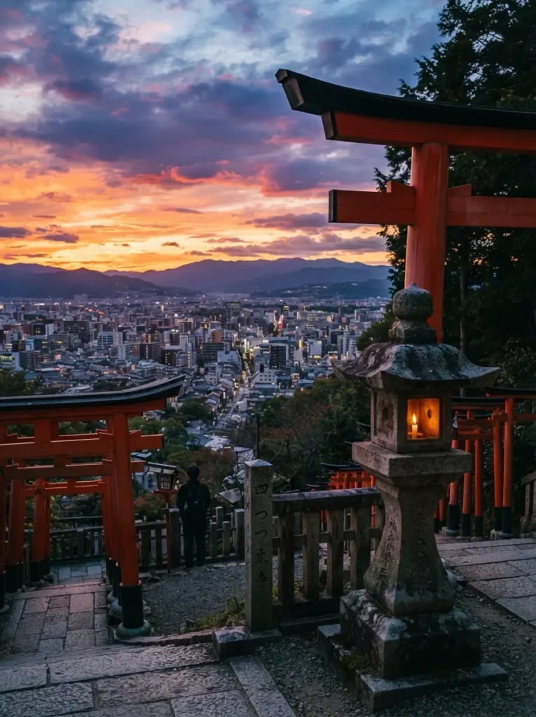 Vista de Kioto al atardecer desde el mirador de Yotsutsuji en el monte Inari